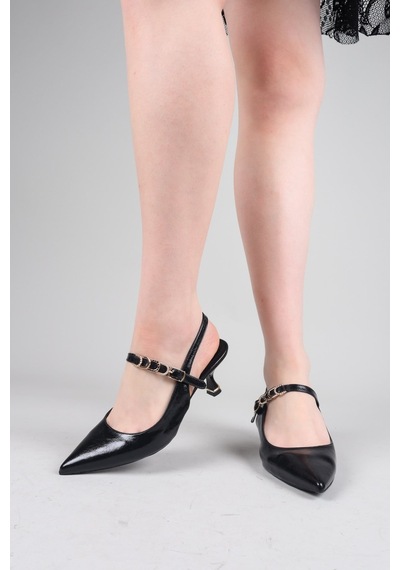 Birikon Orılıa Biyesi Aksesuarlı Alçak Topuklu Stiletto Siyah-8749 Siyah
