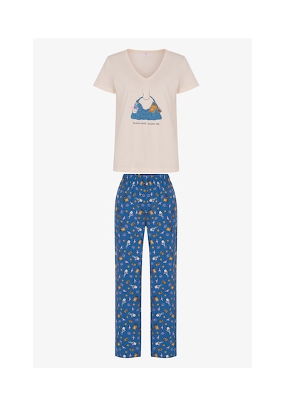 Penti Mavi Pajamas Only Aksesuar Desenli Pantolon Kısa Kollu Pijama Takımı Bl97