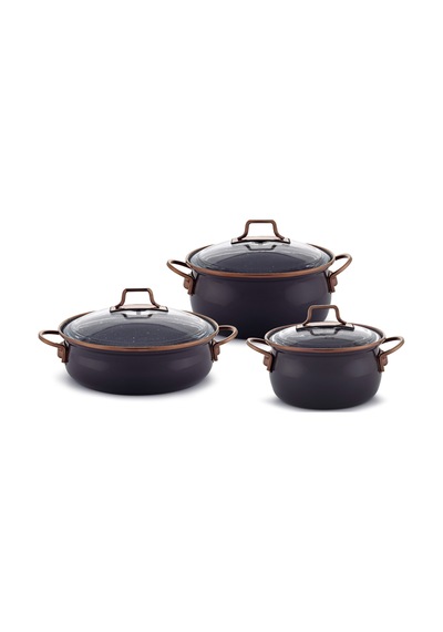 Bonera Emaye Vintage Güveç 6 Parça Tencere Seti 16-20-22 Cm Gri