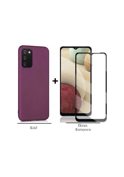 Samsung Galaxy Uyumlu A03s Esnek Soft Tasarım Dayanıklı Kılıf Ve Tam Kaplayan Cam Ekran Koruyucu Mor