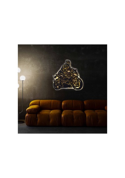 Led Işıklı İnsan Figürlü Motor Dekoratif Tablo Duvar Dekorlu Gece Lambası Sarı - 738273781 Sarı