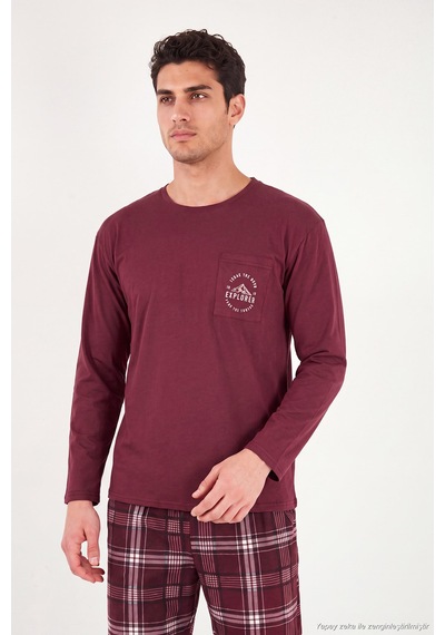 Buratti Ekoseli Pamuklu Bisiklet Yaka Pijama Takımı Erkek Pijama Takımı 6575007 Bordo