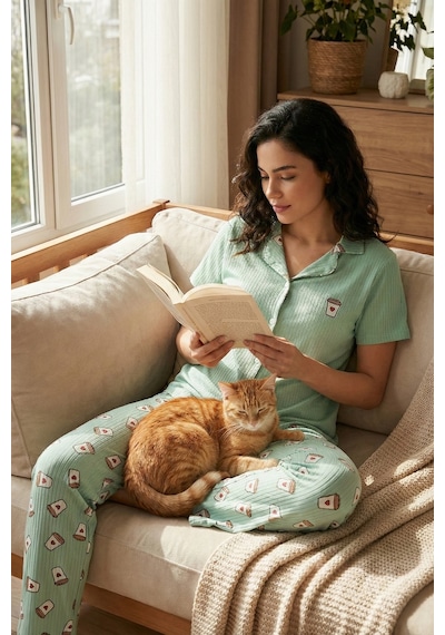 Lela Regular Fit Gömlek Yaka Kısa Kollu Bayan Pijama Takımı 65740102 Mint-Bej