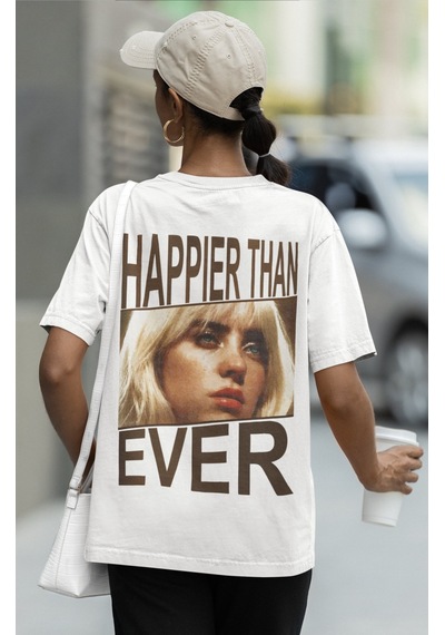 Sevbano Happier Than Ever Billie Eilish Sırt Baskılı Unisex Oversize Şark Beyaz