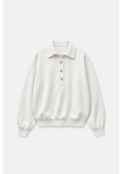 Suud Collection Ekru Polo Yaka Düğmeli Sweatshirt