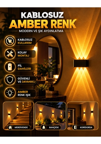 9v Pilli Kablosuz Duvar Apliği Iç Ve Dış Mekân Amber Renk Siyah Siyah