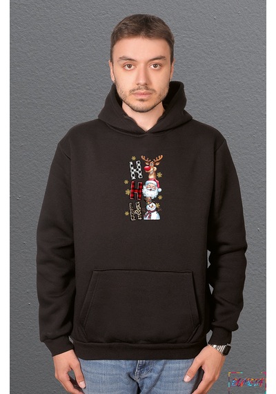 Bumeta Yılbaşı Hoodie Ho Ho Ho Noel Geyik Santa Kardan Adam Baskılı Sweatshirt Unisex Kapüşonlu Hoodie Siyah