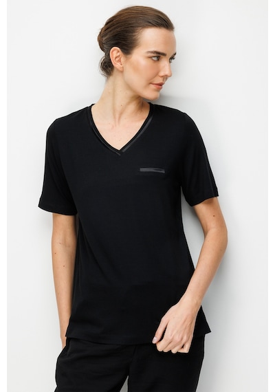 Desen Triko Kadın V Yaka Cebi Saten Şeritli Penye T-shirt 26828 Siyah Siyah