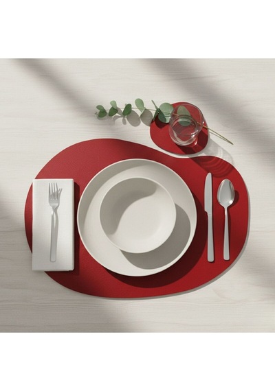 2 Kişilik 4 Parça Deri Amerikan Servis 30x44 Cm-silinebilir Supla-kendinden Bardak Altlıklı Kırmızı