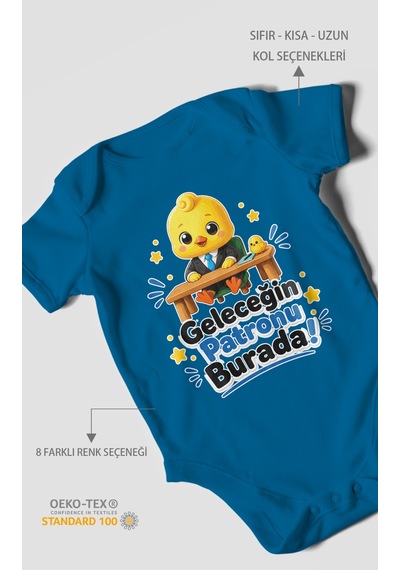 Morivokids Geleceğin Patronu Burada Kısa Kollu Bebek Body %100 Pamuk Koyu Mavi