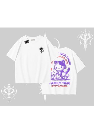 Tarzsokak Family Time Yazılı Sevimli Anne Kedi Arka Baskılı Oversize Tshirt Beyaz