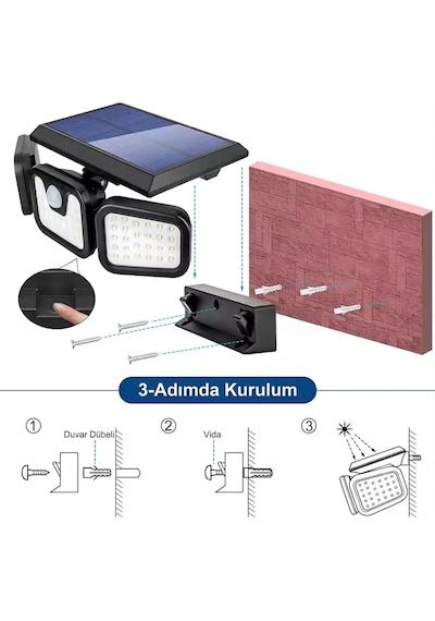 1725a 30watt Güneş Enerjili Hareket Sensörlü 74 Ledli 3 Modlu Solar Duvar Sokak Lambası 1