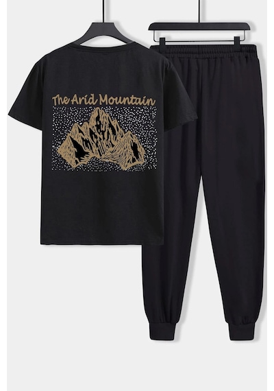 Uyguntarz Unisex Arid Mountain Baskılı 2'li Eşofman Takımı Siyah