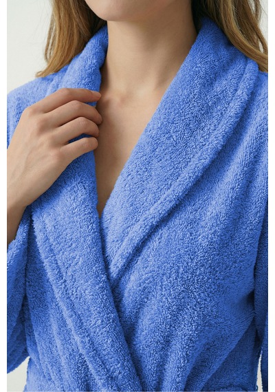 %100 Pamuklu Unisex Bornoz Şalyaka Cepli Büyük Beden 3xl 4xl Erkek Kadın Bornoz Mavi
