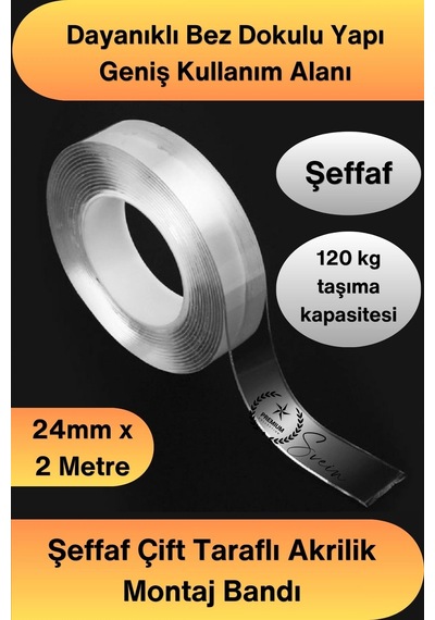 Çifttaraflıbant 120 Kg Taşıma Kapasiteli Şeffaf Çift Taraflı Akrilik Montaj Bandı 24mm X 2 Metre Gü