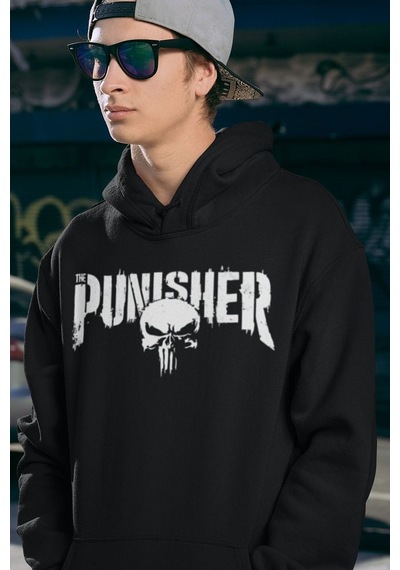 Sevbano Punisher Baskılı Unisex Oversize Hoodie Siyah