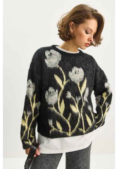 Shade Kadın Bisiklet Yaka Çiçek Desenli Şardonlu Oversize Triko Kazak 4915 60283587 - Siyah