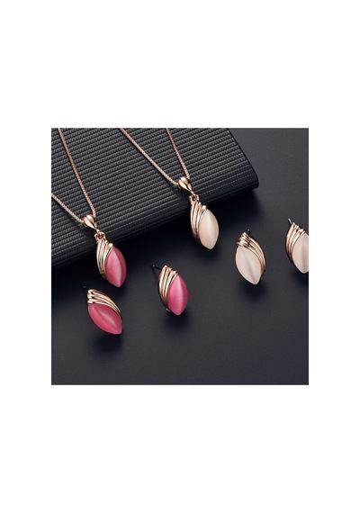 Almond Rose Gold Kristal Taşlı Modern Tasarım Hediye Kolye Küpe Seti Rose Pembe