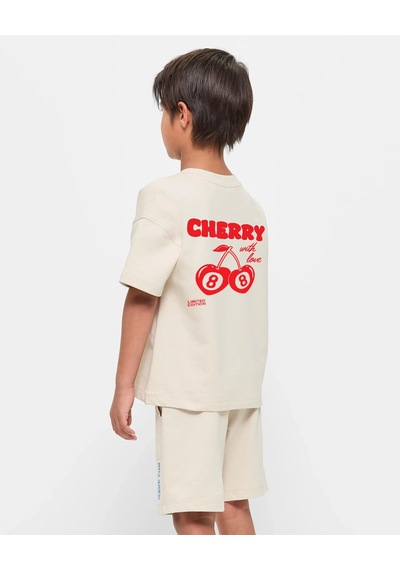 Uyguntarz Çocuk Cherry Baskılı Pamuklu Tshirt Bej