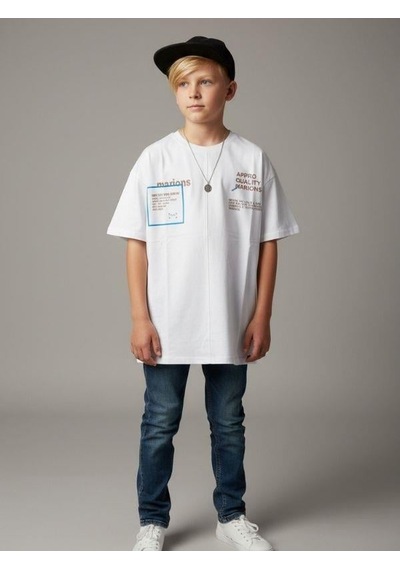 Zekids Erkek Çocuk Pamuklu Gizli Cep Detaylı Oversize T-shirt-16862 Beyaz
