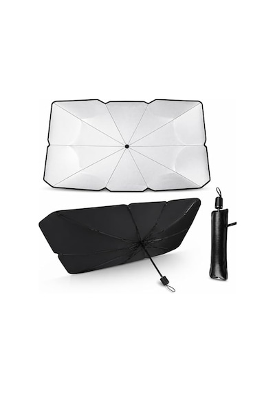 Araba Ön Cam Güneşliği Şemsiye 140x80 Cm - Deri Kılıflı Katlanabilir Oto Güneşlik, Isı Ve Uv Engelleyici Titanyum Gümüş Kaplama