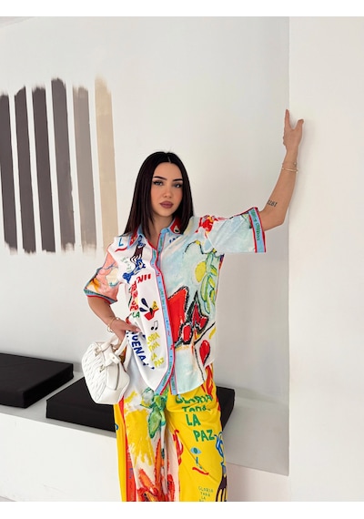 Asprin Fashion Yaz Baskılı Gömlek Pantolon Takım Turuncu