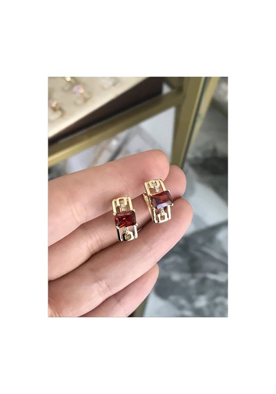 Xupıng Bordo Taş Detaylı Gold Model Küpe Kararmaz Altın