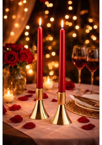 2 Li Gold Şamdan Ve Kırmızı Uzun Şamdan Mumu Seti Romantik Masa Süsü, Şık Ev Dekoru