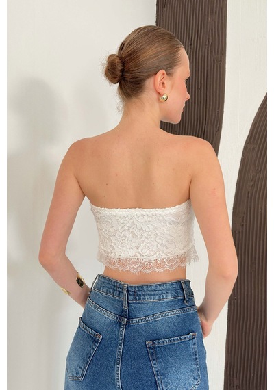 Verymoda Kadın Dantelli Straplez Büstiyer Taş Detaylı Astarlı Şık Bluz D3089 Krem