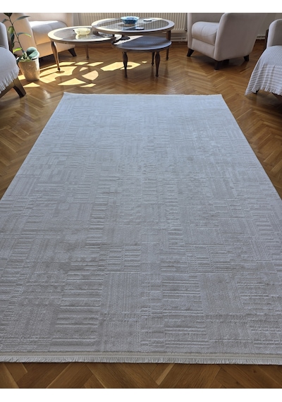 Elvey Home London Krem Dekoratif Bambu Akrilik Yumuşak Modern Özel Ölçü Salon Koridor Oturma Çocuk Odası Halısı 001-krem