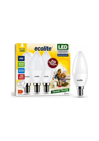 Ecolite 8w Led Mum Ampul 3 Lü Paket E14 Duy 3000k Sarı Işık 810 Lümen 60w Eşdeğer Dekoratif Opal Ampul Enerji Tasarruflu
