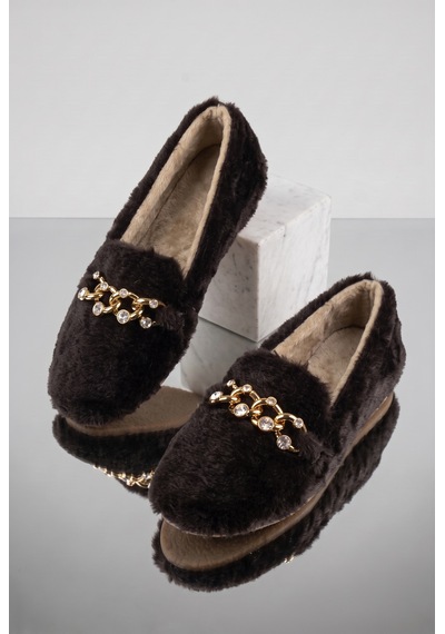 Nmoda Kadın Peluş Panduf Gold Zincir Taşlı Aksesuarlı Kapalı Loafer Yumuşak Tabanlı Kışlık Rahat Babet Kahverengi