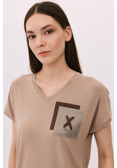 Daido Kadın V Yaka Düşük Kollu Penye T-shirt 6226 Sütlü Kahve