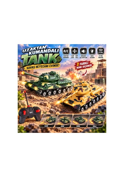 Uzaktan Kumandalı Tank Oyuncak Yeşil Kamuflaj 27 Mhz Sarı - 921869981