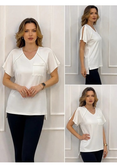 Mirve Butik İnci Ve Kol Yırtmaç Detaylı Sandy Bluz BEYAZ