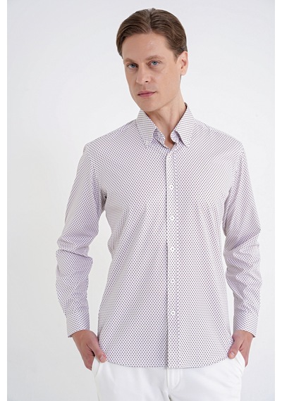 Slim Fit Yaka Düğmeli Baskılı Pamuklu Beyaz Gömlek G 1605