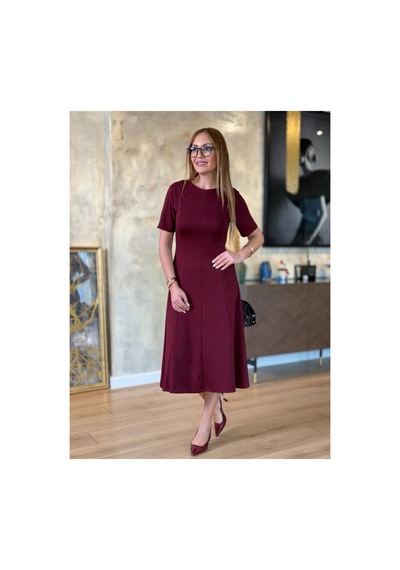 Butik İstanbul Kadın Kısa Kollu Bisiklet Yaka Midi Viskon Iki Iplik Elbise Bordo