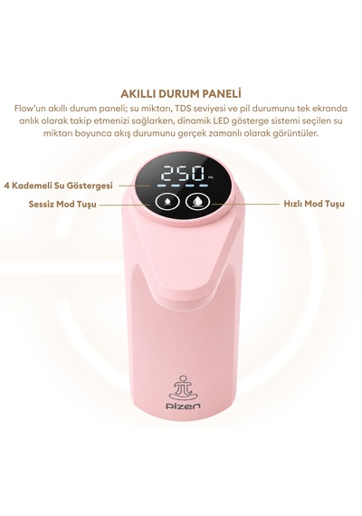 Pizen Flow Usb Şarjlı Otomatik Damacana Su Pompası Tds Ölçer 250ml 500ml 1l 2l Ölçü Özellikli Pembe