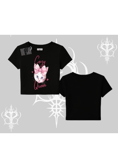 Tarzsokak Cozy Queen Kedi Baskılı Babby Tee Tshirt Siyah