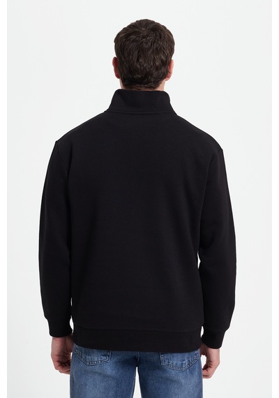 Tudors Erkek Relax Fit Rahat Kesim Pamuklu Yarım Fermuarlı Baskılı Siyah Sweatshirt-42315 Sİyah