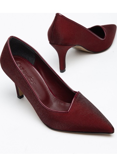 Dilimler Ayakkabı Büyük Numara Kadın İnce Topuklu Stiletto Ayakkabı Bordo Saten Yan Yüz-5349