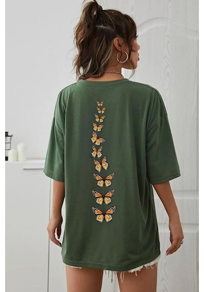 Unisex Sırt Kral Kelebek Baskılı Tasarım Tshirt Yeşil