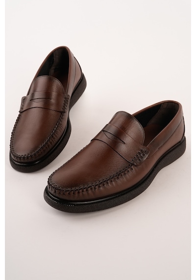 Muggo Gentz Hakiki Deri Rahat Taban Erkek Günlük Klasik Loafer Ayakkabı Kahverengi