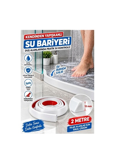 Mucit Home Su Bariyeri Beyaz 2 Metre 15 Mm Esnek Duşakabin Su Tutucu Bant Su Bariyeri Kendinden Yapışkanlı