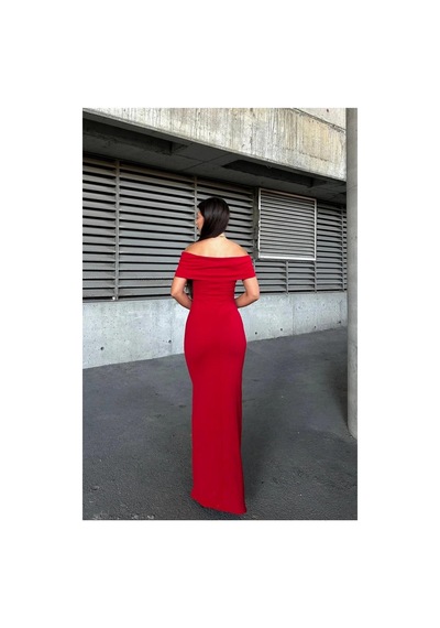 Halter Taş Abiye Yaka Detaylı Elbise Kırmızı
