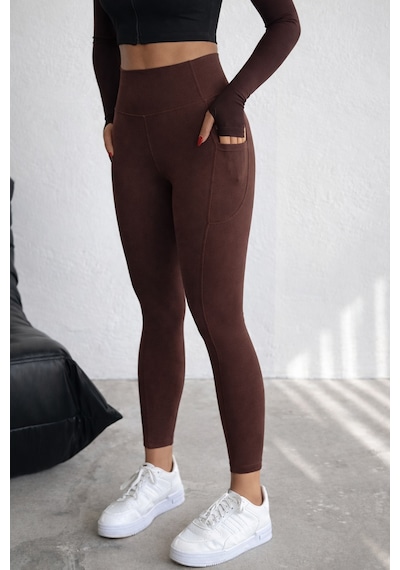 Balenbi Haute Kadın Yüksek Bel Toparlayıcı Çift Cepli Leggings Fitness Tayt 1092 Kahverengi