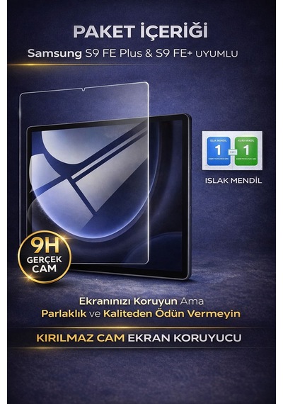 Samsung Tab S9 Fe Plus + Için Tamperli Ekran Koruyucu Kalemle Uyumlu Kırılmaz Cam