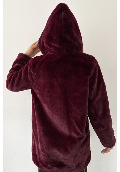 Femelle Kadın Bordo Astarlı Peluş Kapüşonlu Kürk Kaban Mont Kürk