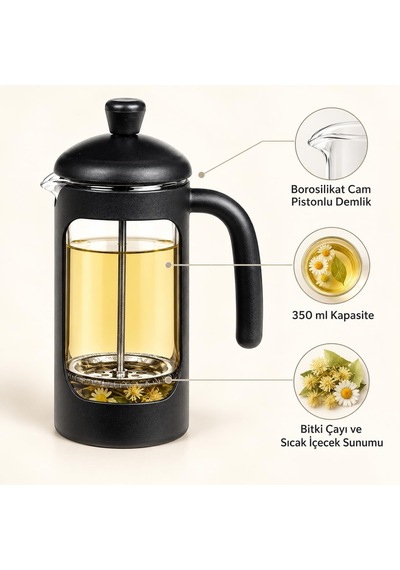 Borosilikat Cam French Press 350 Ml, Siyah Çerçeveli Kavisli Saplı Pistonlu Demlik, Kahve Ve Bitki Çayı Demleme Apa Diğer