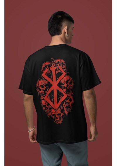 Berserk Guts Logo Sırt Baskılı Unisex Oversize Anime Karakter Tiş Siyah